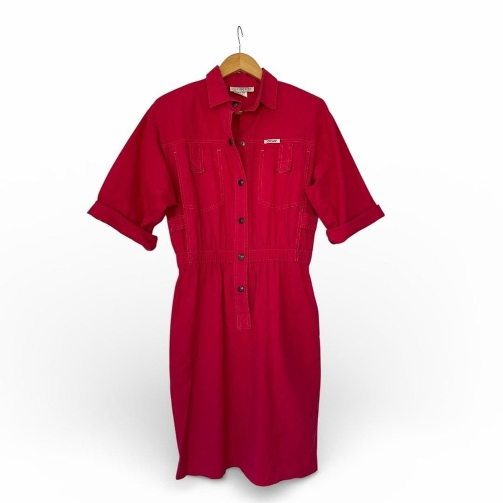 VTG 80s Cherry Red IDEAS Denim Jumpsuit Dress Elastic‎ Waist & Button Closure